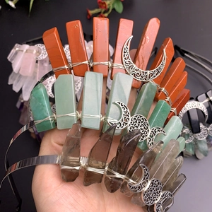 Handcrafted natural crystal crown headband featuring moon charms and mixed gemstones