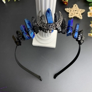 Handcrafted blue crystal crown featuring silver crescent moon detail on a black headband