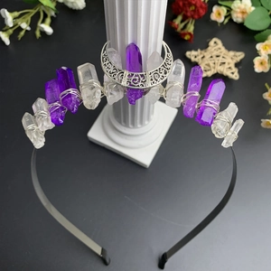 Handmade black moon headband with raw purple crystals and silver lunar charm crown