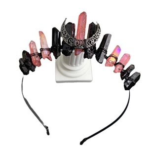 Gothic style black raw stone headband with iridescent crystals and silver moon charm