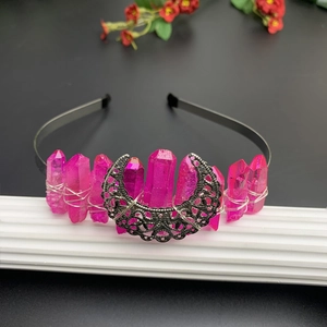 Handmade crown with pink crystal stones and silver crescent moon on a black headband