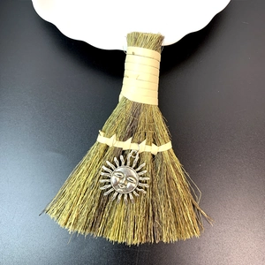 Handmade straw decorative broom with silver sun pendant for witchcraft altars or festivals