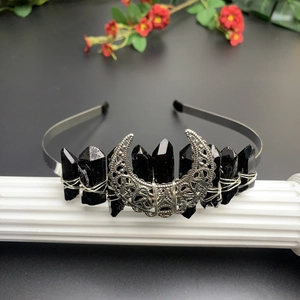 Gothic handmade crown headband featuring black crystals and silver crescent moon decoration
