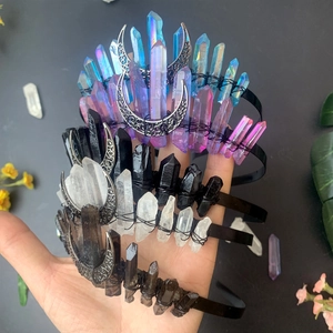 Handmade triple moon crown set with colorful crystal raw stones and silver wire wrap