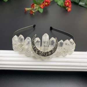 Handmade black moon crown with natural white crystal pillars and vintage crescent moon