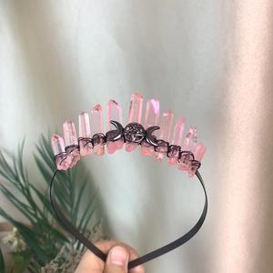 Pink crystal crown headband with black triple moon and star mystic charms for women