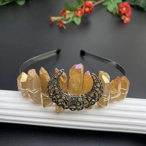 Bohemian black moon crown headband with orange natural raw crystals and silver metal wrap