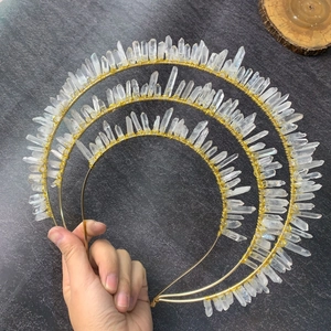 Natural Clear Crystal Pillar Headband Gold Wire Hand Wrapped Tiara Bohemian Crown Hair Accessories For Wedding Party Women