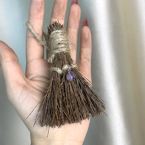 Handmade mini decorative broom ornament with purple gemstone pendant for car keychain