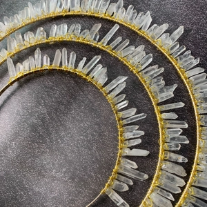 Handmade golden wire headband with natural white crystal quartz prisms for party hair styling