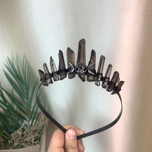 Detail of gothic moon crown with dark crystals and handcrafted wire wrapping