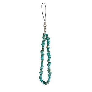 Detail of handmade phone strap featuring natural blue turquoise chips and silver metal clasp