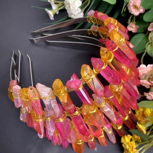 Couronne de mariée triple lune avec cristaux roses et orange sur bandeau argenté