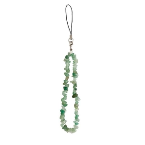 Detailed macro view of natural green crystal tumbled stone phone strap with silver lobster clasp