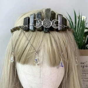 Detailed view of bohemian labradorite crown with hanging metal chains and crystal drops