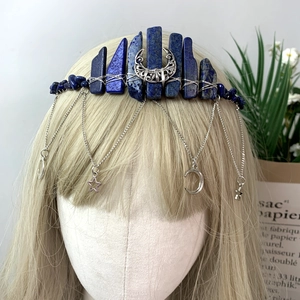 Bohemian blue raw stone crown headband with silver moon star chain tassels