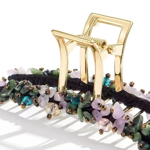 Handmade alloy hair claw clip with colorful natural crystal stones and gold finish