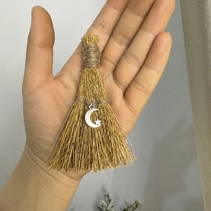 Handmade Mini Witch Broom Natural Straw Hanging Ornament With Alloy Moon Star Pendant Halloween Altar Decor Mysterious Craft Gift