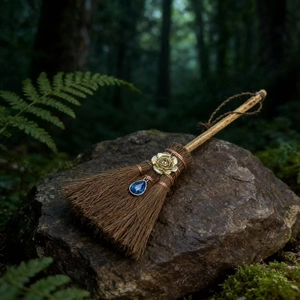 Detailansicht eines Mini-Hexenbesens mit goldener Rose und blauem Kristall auf Waldstein