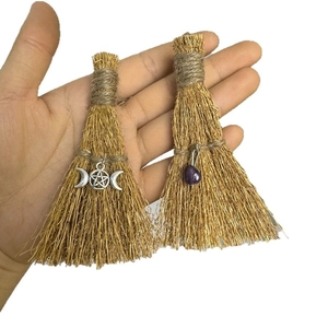 Handmade mini natural thatch witch brooms with silver pentagram and amethyst stone charms