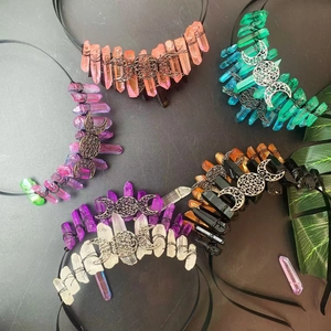 Handmade triple moon goddess crystal crowns in various vibrant colors for women