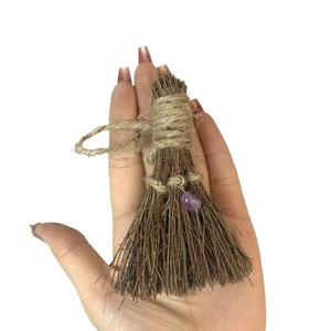 Handmade witch broom keychain with natural twigs and purple crystal pendant decor