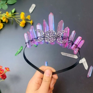 Bohemian triple moon crown with pink purple gradient crystals and silver filigree