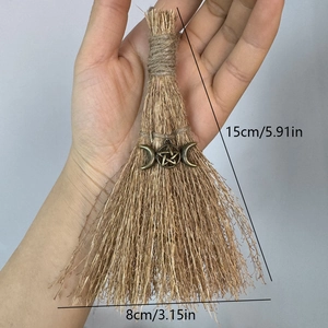 Mini witch broom car pendant with triple moon pentagram and natural straw texture