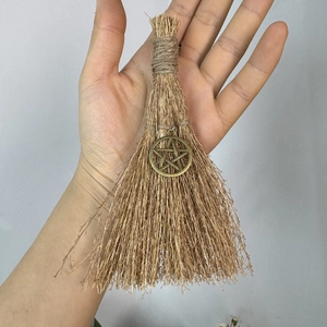 Wicca Witch Mini Broom Pendant Halloween Decoration Handmade Wood Straw Broom With Pentagram Metal Charm For Car Home Altar