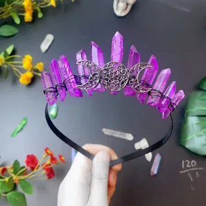 Handmade triple moon crown with purple quartz crystals for gothic bohemian hair styling