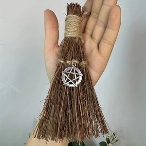 Handmade mini broom charm with jute twine and silver pentagram for home or car decor