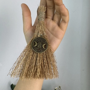 Handmade wicca witch mini broom car pendant with bronze tree of life and pentagram charm