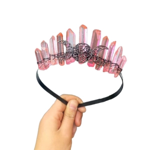 Pink crystal crown headband with triple moon goddess design on a black band