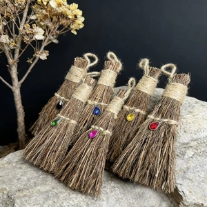 Handmade Wooden Witch Broom Hanging Ornament With Teardrop Rhinestone Pendant Vintage Halloween Gothic Home Party Decor