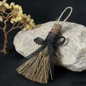 Handmade mini witch broom with black lace and bronze hand charm for Halloween decor