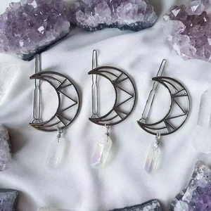 Handmade Moon Natural Crystal Hair Clip For Women Bohemian Silver Alloy Geometric Moon Phase Hairpin Decorative Hair Jewelry