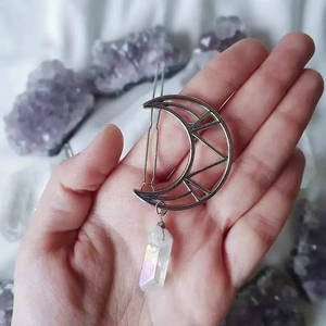 Handmade silver moon hair clip with natural aura crystal stone for bohemian styling