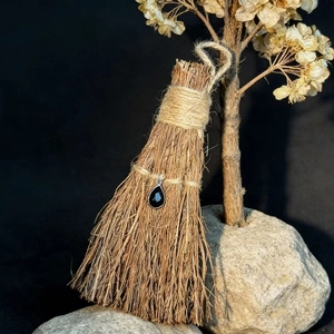Mini witch broom pendant with black crystal teardrop for festive hanging decoration