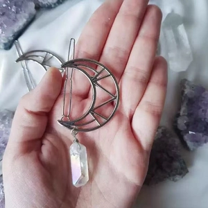 Retro crescent moon hair clip with iridescent crystal prism pendant in silver alloy