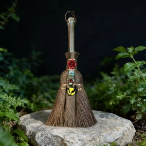 Handmade witch broom with crystals, red rose and bat moon pendant for Halloween decor