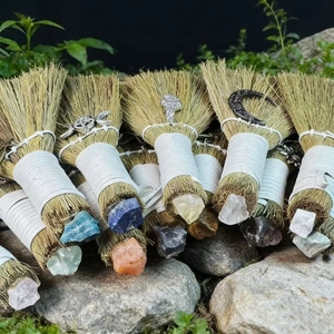 Mini decorative crystal besom witch broomstick with healing gemstones and mystic charms