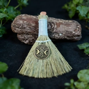 Handmade witch broom with triple moon pentagram pendant for Halloween decor