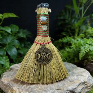 Miniature witch broom with natural straw, healing crystals, and pagan moon pentagram charm