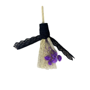 Handmade mini lace broom with purple dried flowers for Gothic Halloween home decor