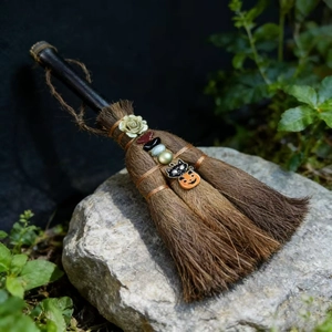 Detail of a handmade witch broom with natural crystals, black cat and pumpkin charms
