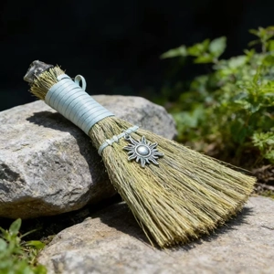 Detail of a handmade altar besom with natural dried grass and metal sun pendant charm