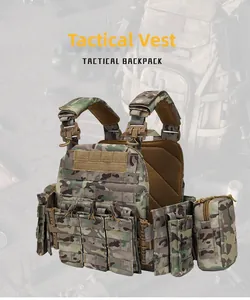 Close-up of Multicam tactical vest with MOLLE webbing and multiple functional pouches