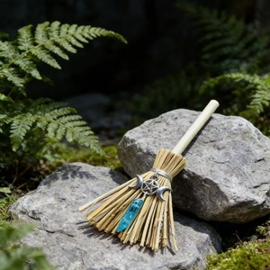 Close-up of witch altar broom with blue crystal and silver moon charm on a mossy rock