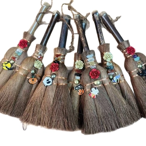Set of 6 handcrafted Halloween witch brooms with crystals, skulls and pumpkin charms