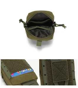 Detail of olive green tactical pouch featuring laser-cut Molle system and internal mesh pockets